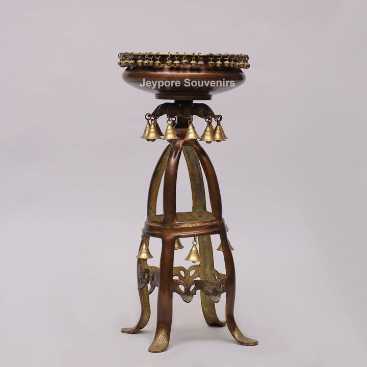 Handcrafted Brass Urli Bowl on Ornate Stand with Hanging Bells