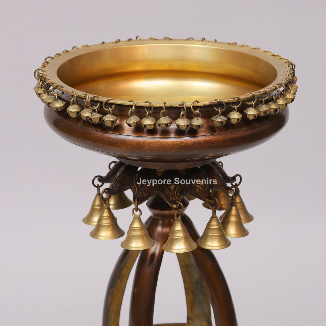 Handcrafted Brass Urli Bowl on Ornate Stand with Hanging Bells