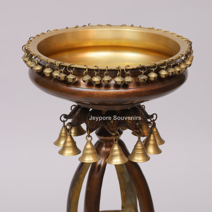 Handcrafted Brass Urli Bowl on Ornate Stand with Hanging Bells