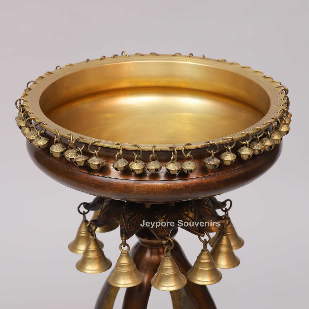 Handcrafted Brass Urli Bowl on Ornate Stand with Hanging Bells