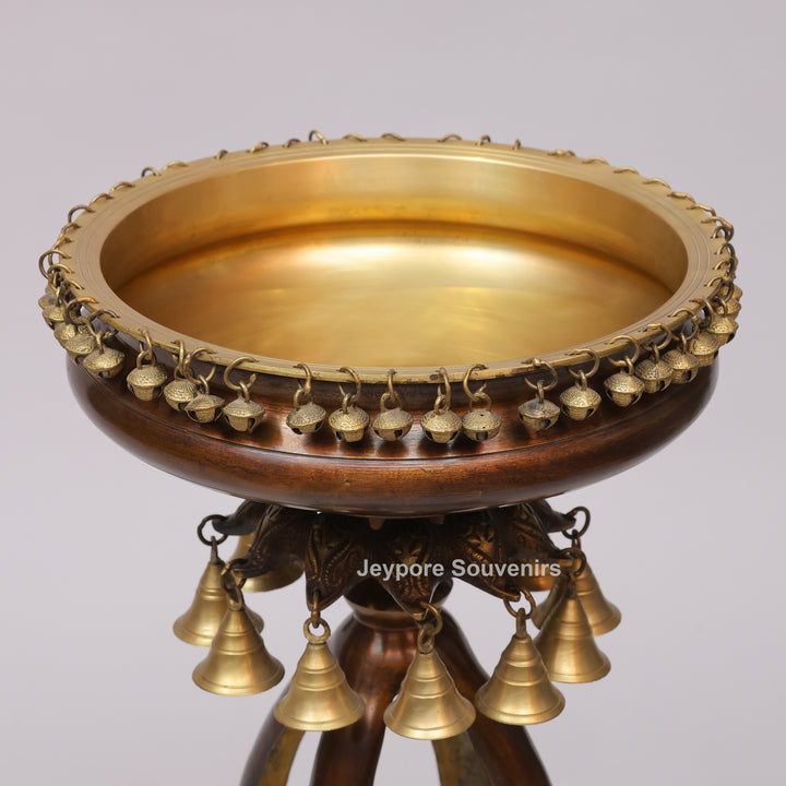Handcrafted Brass Urli Bowl on Ornate Stand with Hanging Bells