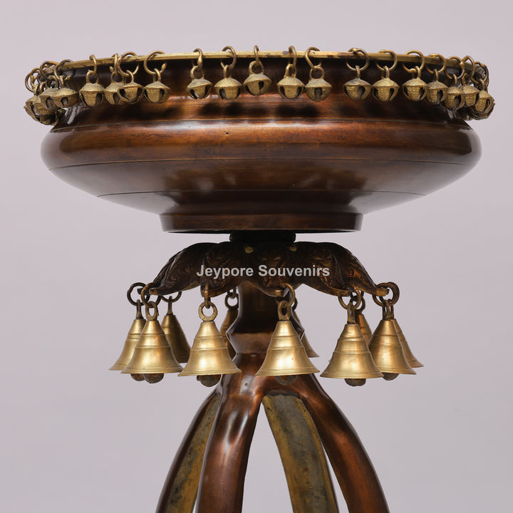 Handcrafted Brass Urli Bowl on Ornate Stand with Hanging Bells