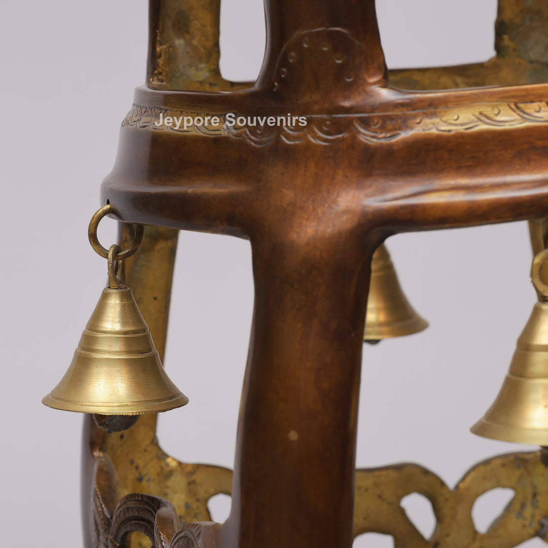 Handcrafted Brass Urli Bowl on Ornate Stand with Hanging Bells