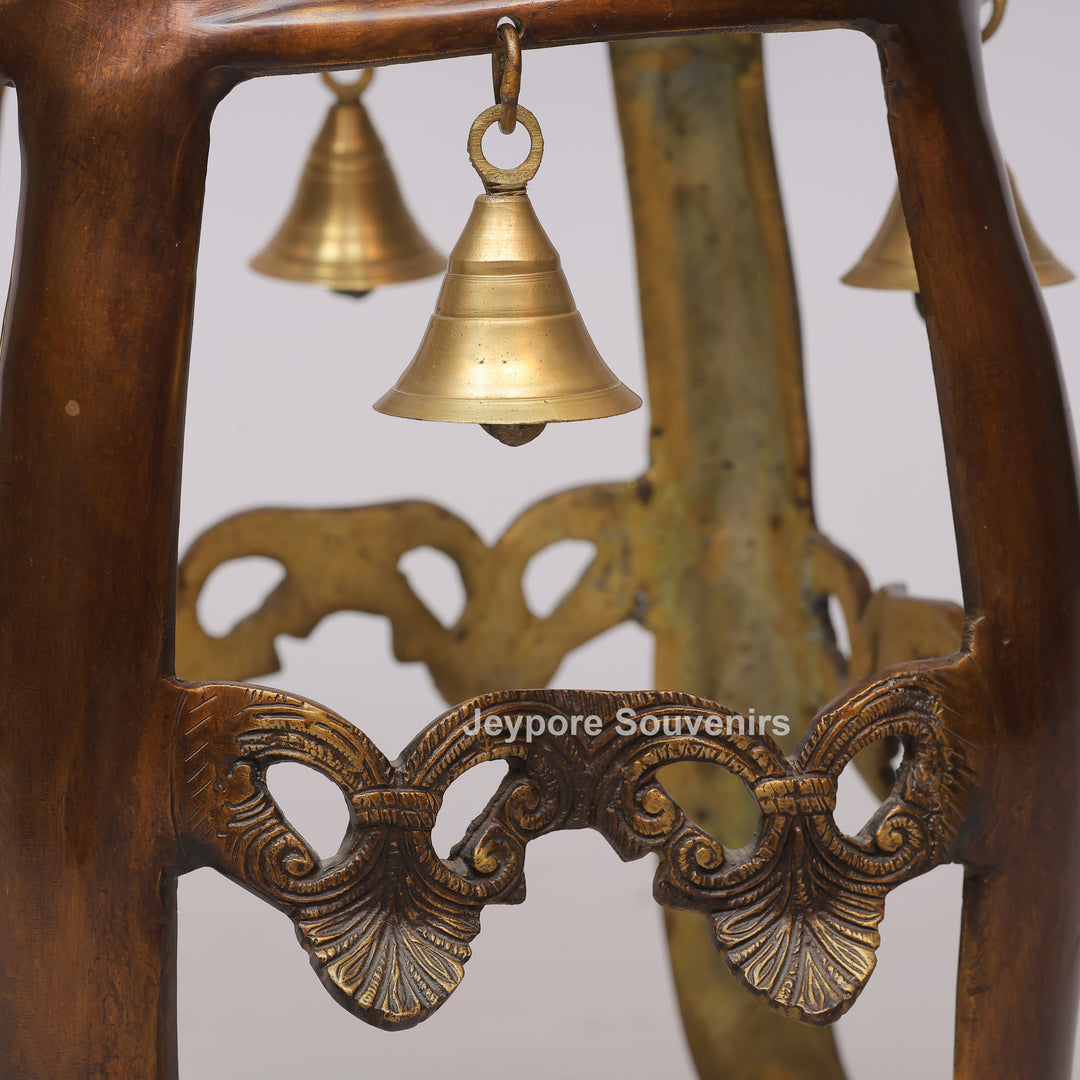 Handcrafted Brass Urli Bowl on Ornate Stand with Hanging Bells