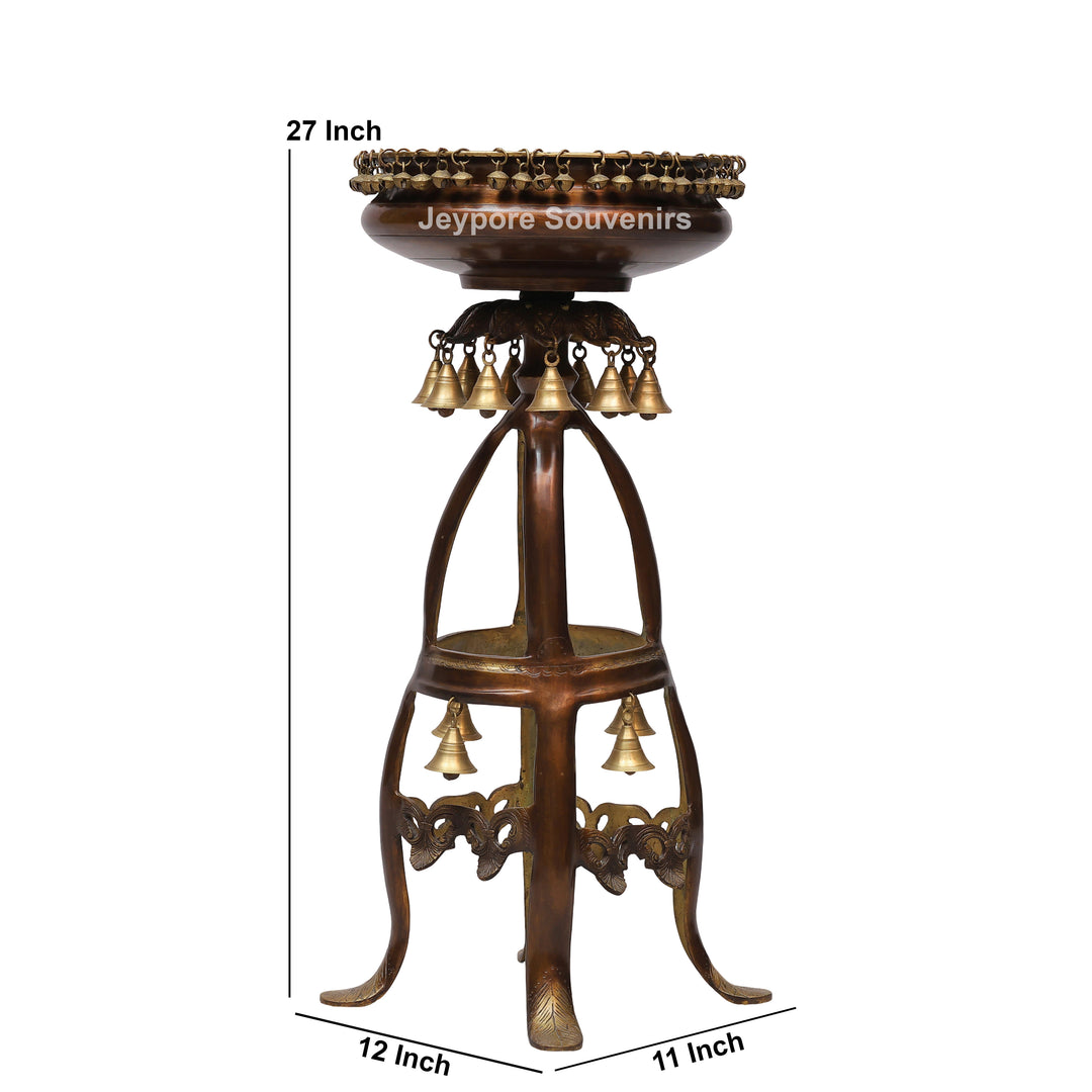 Handcrafted Brass Urli Bowl on Ornate Stand with Hanging Bells