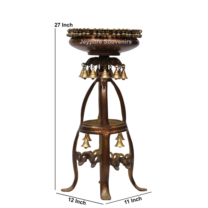 Handcrafted Brass Urli Bowl on Ornate Stand with Hanging Bells