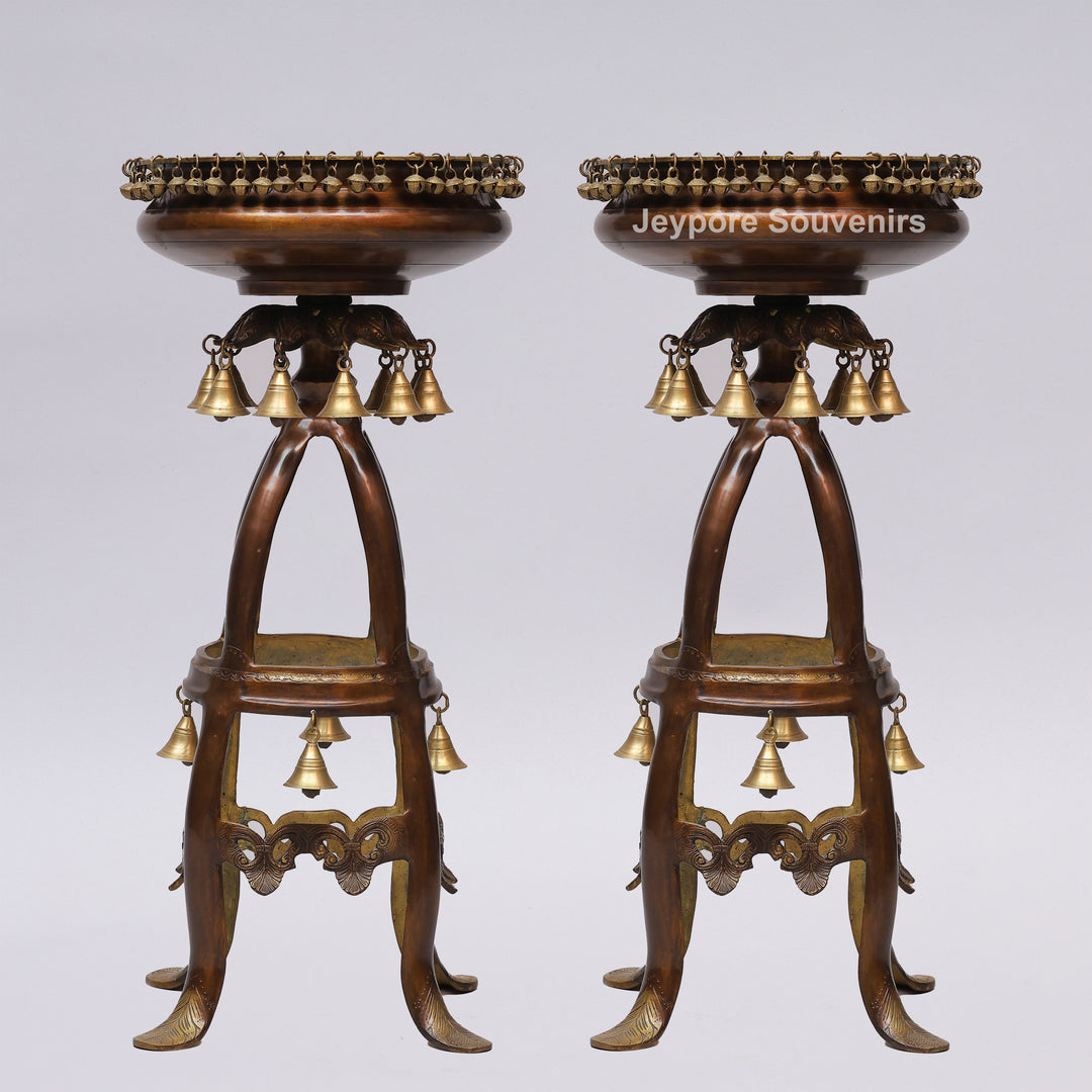 Handcrafted Brass Urli Bowl on Ornate Stand with Hanging Bells