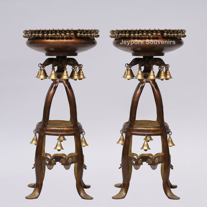 Handcrafted Brass Urli Bowl on Ornate Stand with Hanging Bells