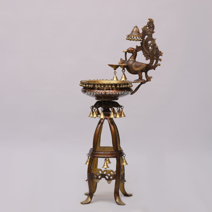 Handcrafted Brass Peacock Oil Lamp with Urli Bowl &amp; Hanging Bells