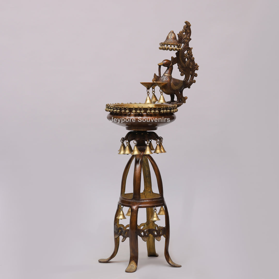 Handcrafted Brass Peacock Oil Lamp with Urli Bowl &amp; Hanging Bells
