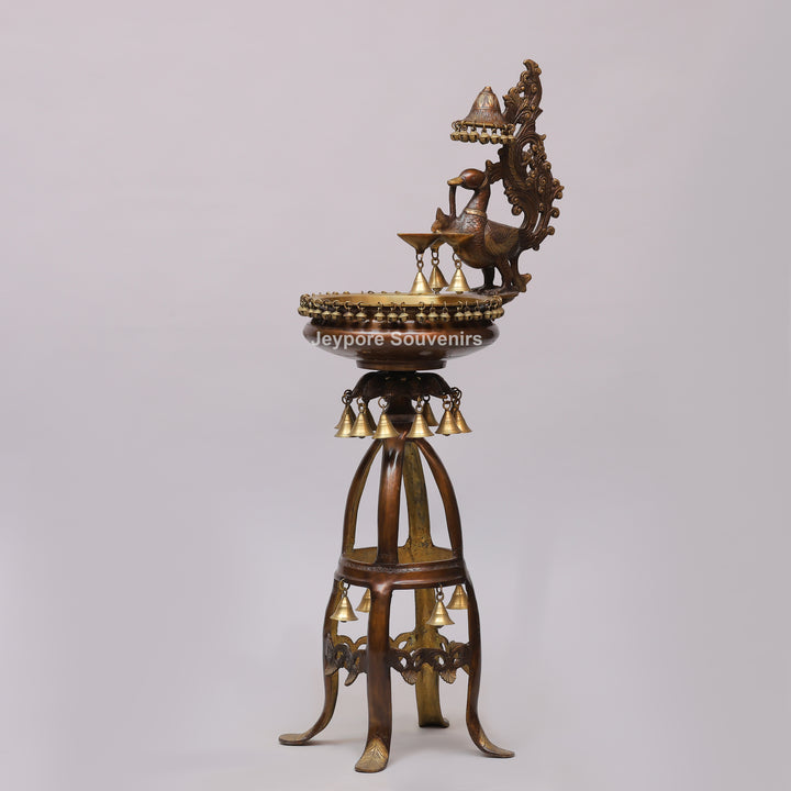 Handcrafted Brass Peacock Oil Lamp with Urli Bowl &amp; Hanging Bells