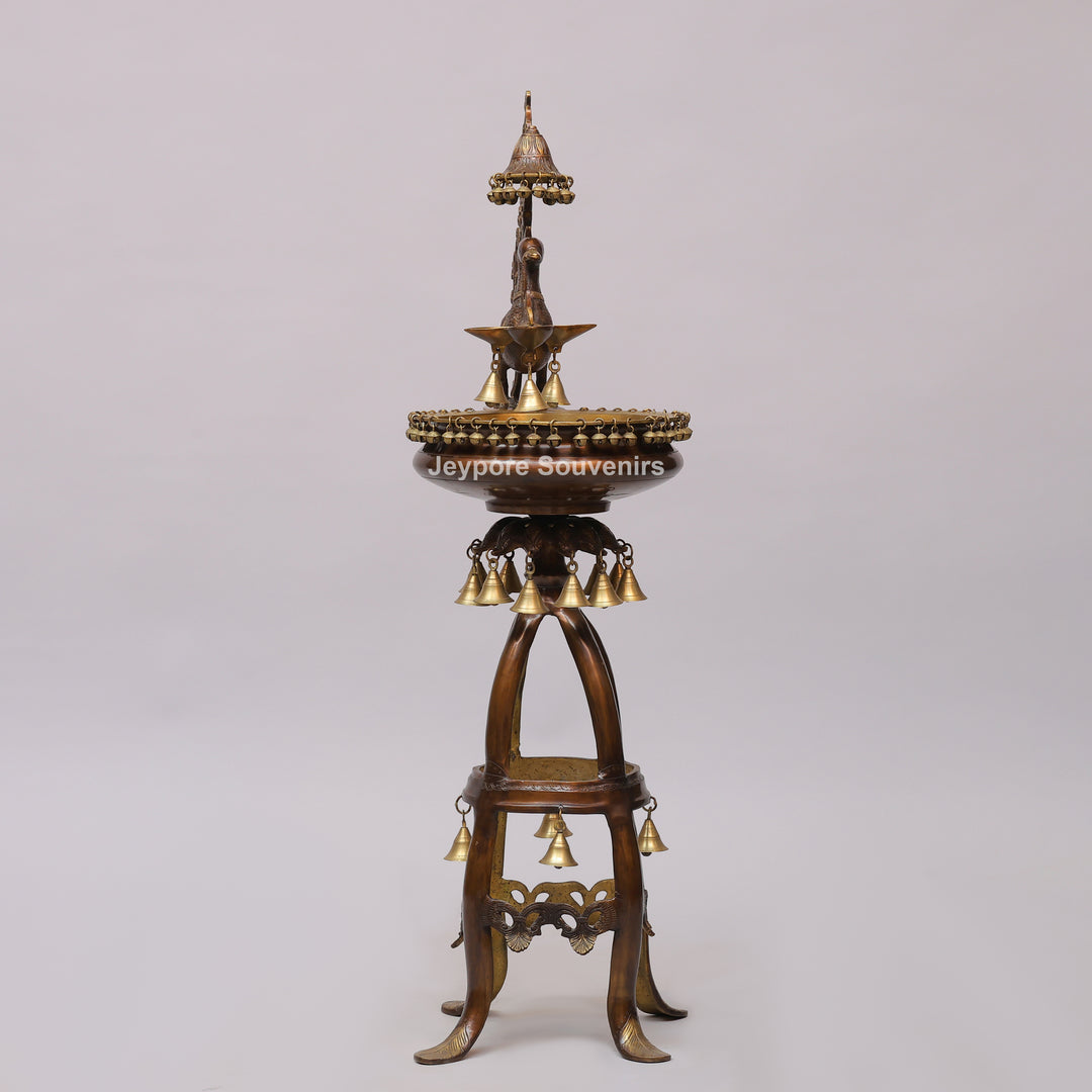 Handcrafted Brass Peacock Oil Lamp with Urli Bowl &amp; Hanging Bells