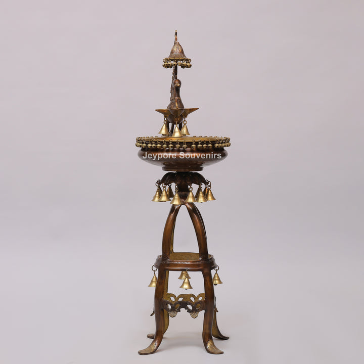 Handcrafted Brass Peacock Oil Lamp with Urli Bowl &amp; Hanging Bells
