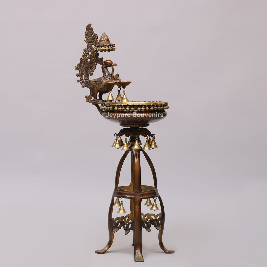 Handcrafted Brass Peacock Oil Lamp with Urli Bowl &amp; Hanging Bells