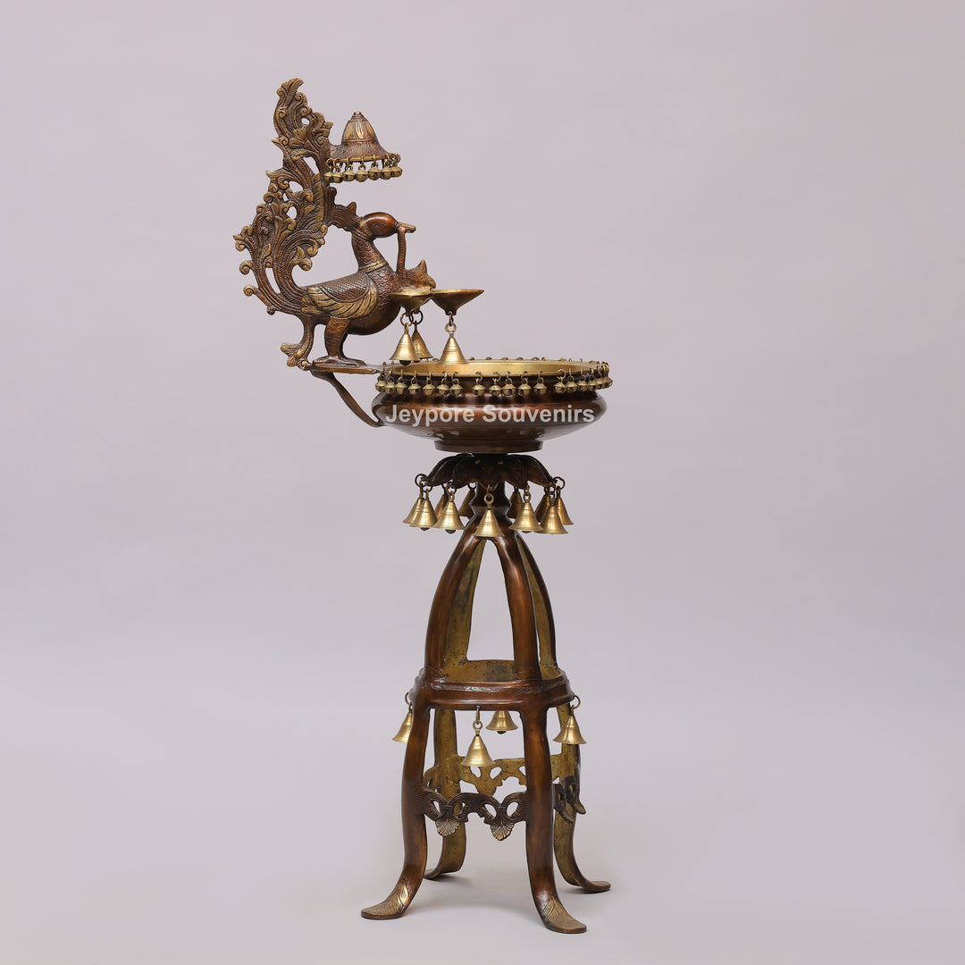 Handcrafted Brass Peacock Oil Lamp with Urli Bowl &amp; Hanging Bells