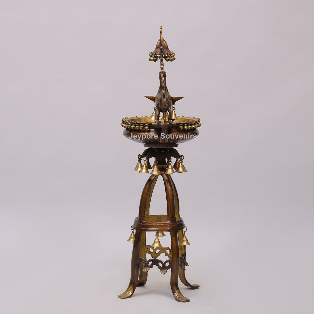 Handcrafted Brass Peacock Oil Lamp with Urli Bowl &amp; Hanging Bells