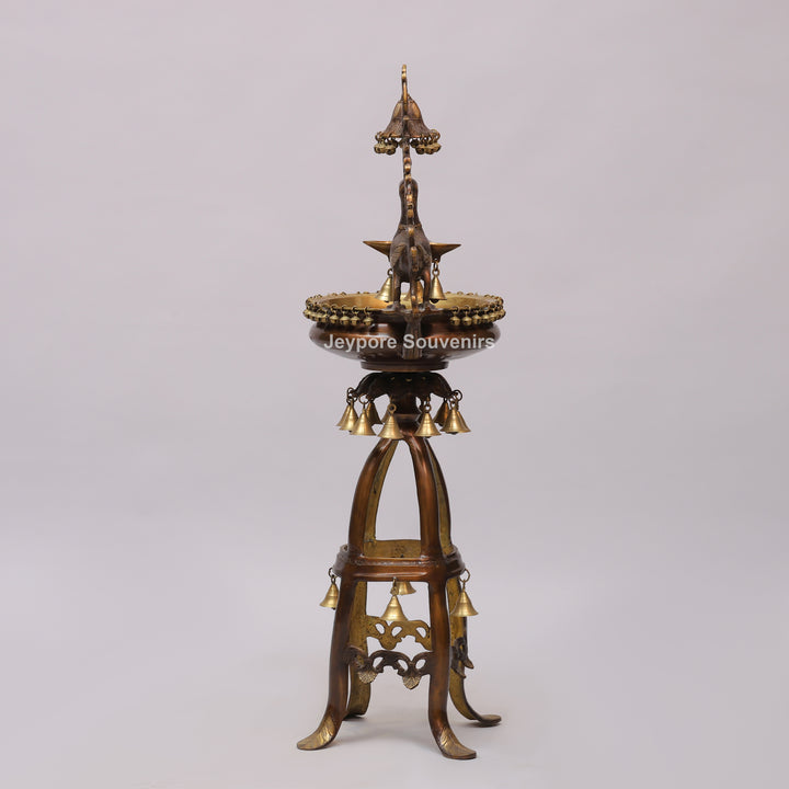 Handcrafted Brass Peacock Oil Lamp with Urli Bowl &amp; Hanging Bells