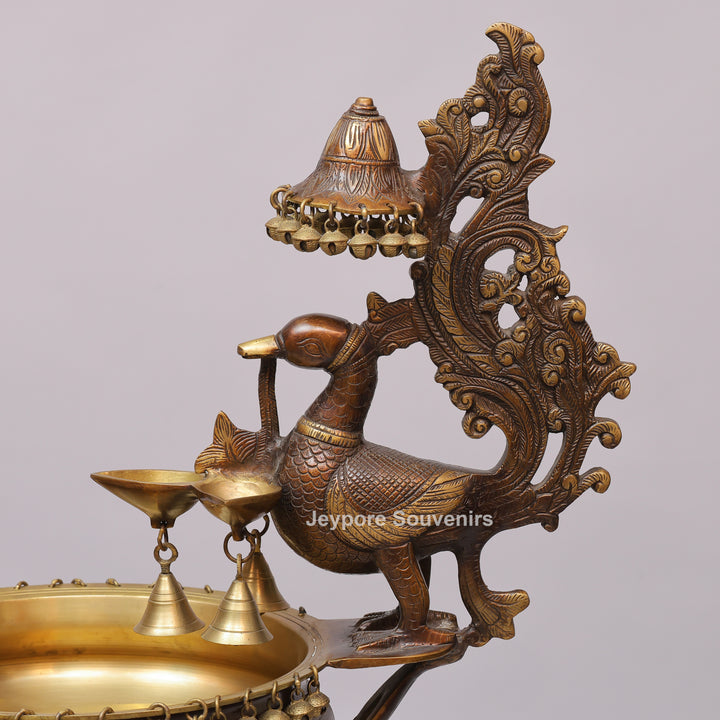 Handcrafted Brass Peacock Oil Lamp with Urli Bowl &amp; Hanging Bells