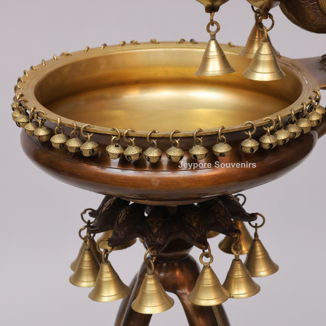 Handcrafted Brass Peacock Oil Lamp with Urli Bowl &amp; Hanging Bells