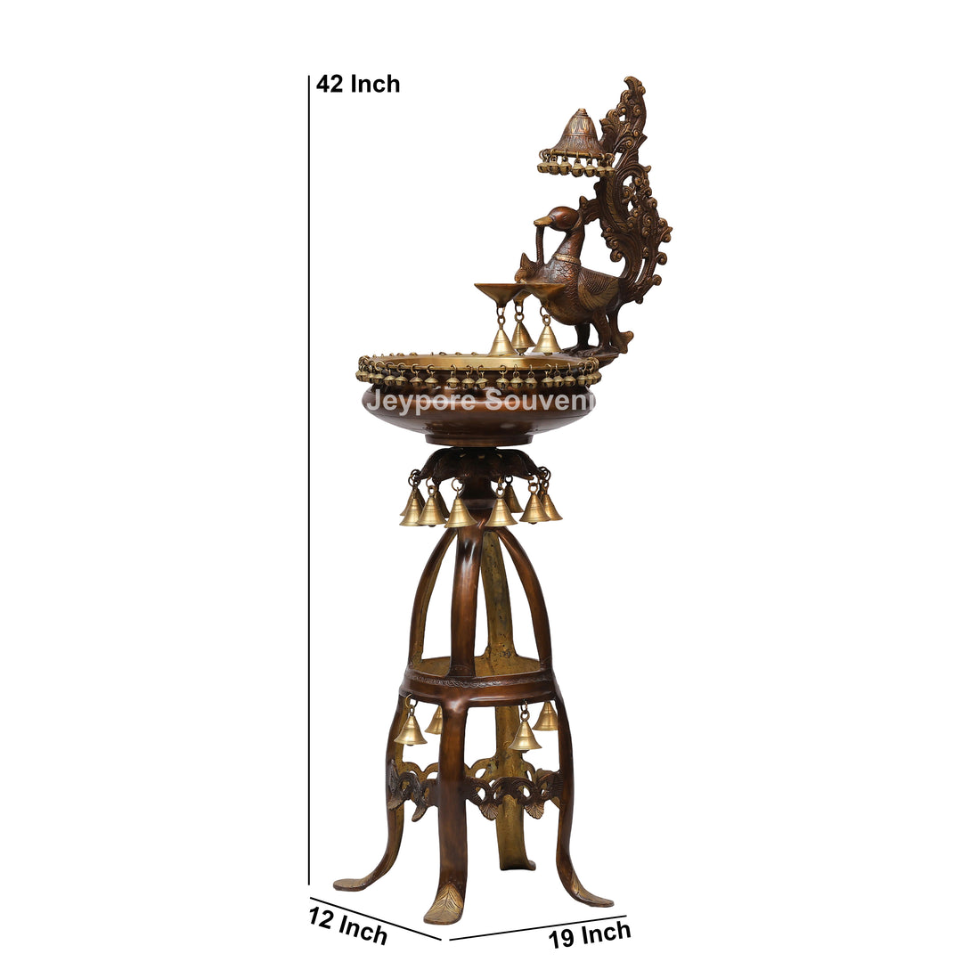 Handcrafted Brass Peacock Oil Lamp with Urli Bowl &amp; Hanging Bells