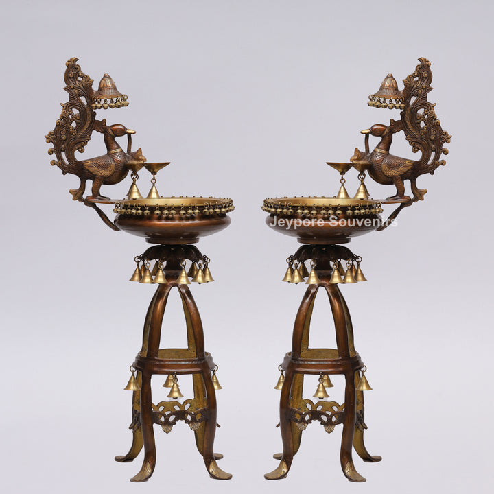 Handcrafted Brass Peacock Oil Lamp with Urli Bowl &amp; Hanging Bells