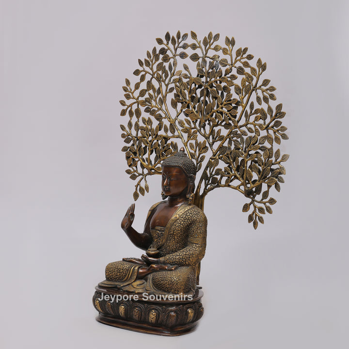 Handcrafted Brass Buddha Statue Under Bodhi Tree