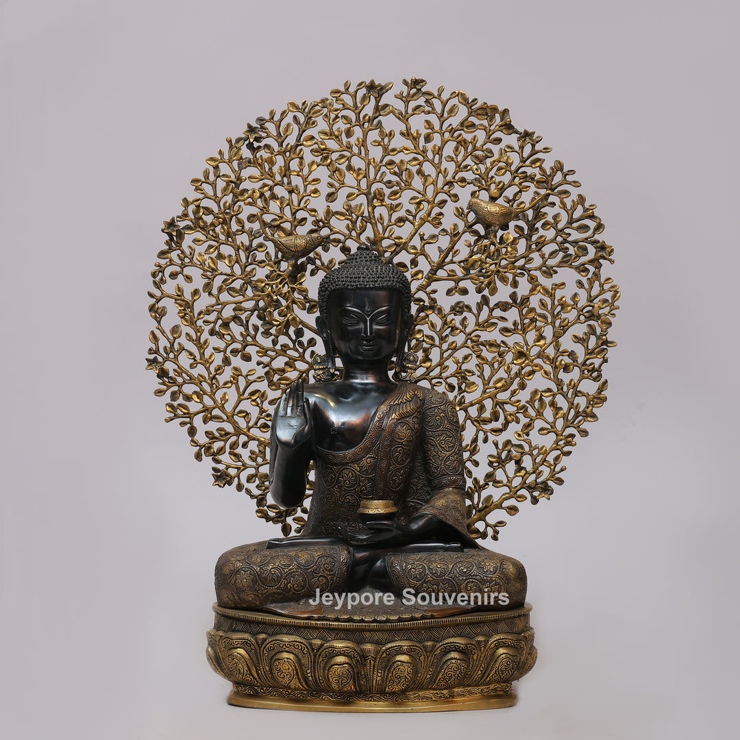 Antique Black Brass Buddha Statue with Bodhi Tree