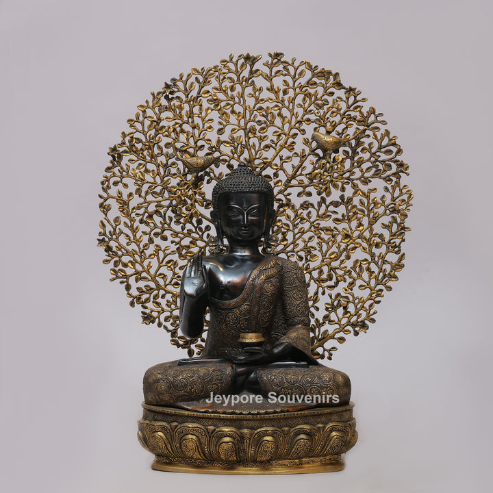 Antique Black Brass Buddha Statue with Bodhi Tree