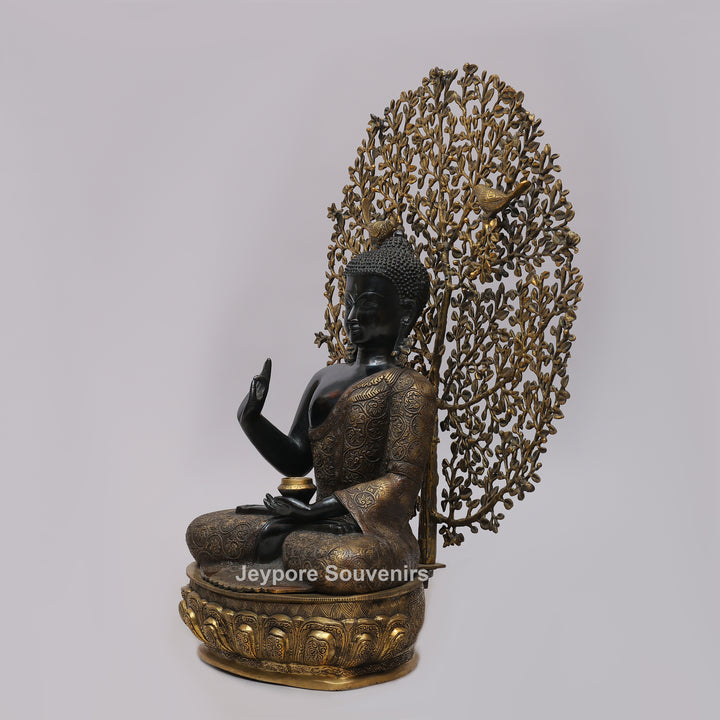 Antique Black Brass Buddha Statue with Bodhi Tree