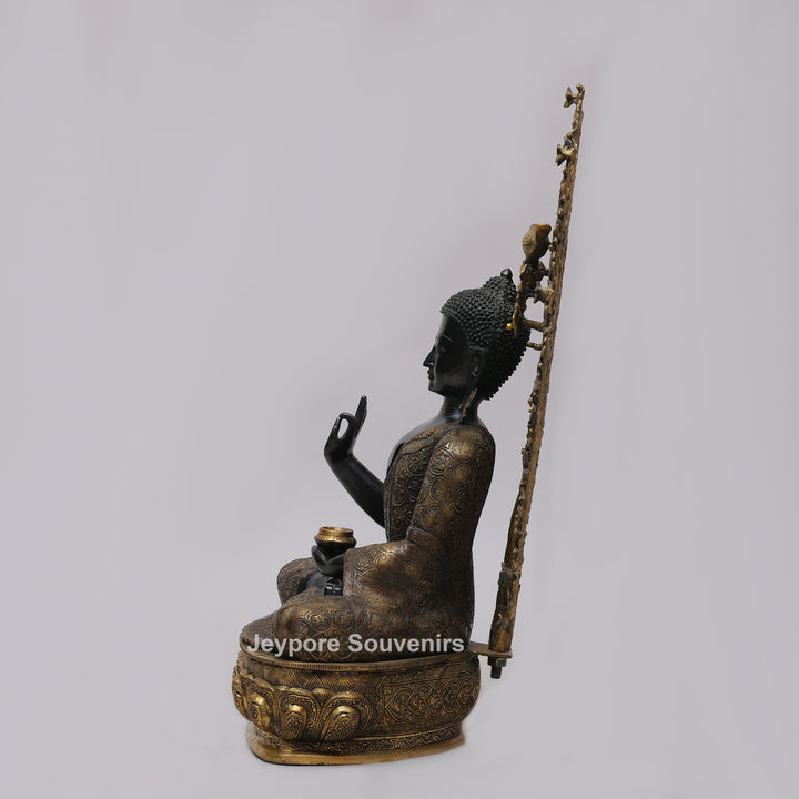 Antique Black Brass Buddha Statue with Bodhi Tree