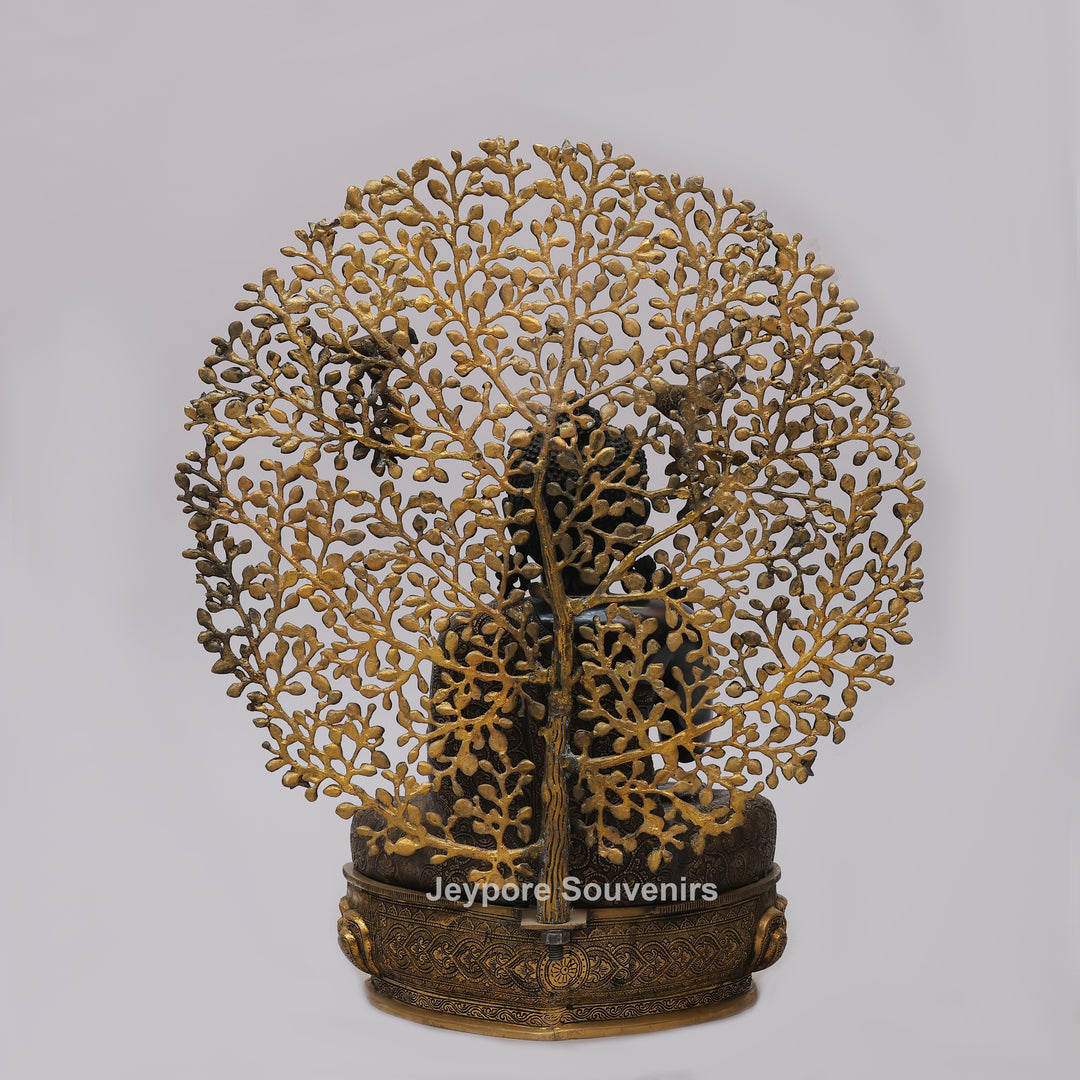Antique Black Brass Buddha Statue with Bodhi Tree