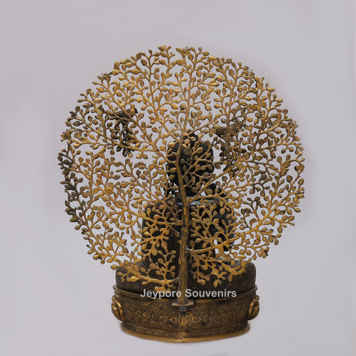 Antique Black Brass Buddha Statue with Bodhi Tree