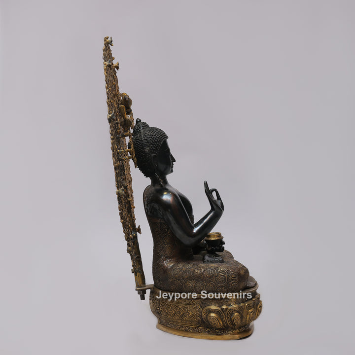 Antique Black Brass Buddha Statue with Bodhi Tree