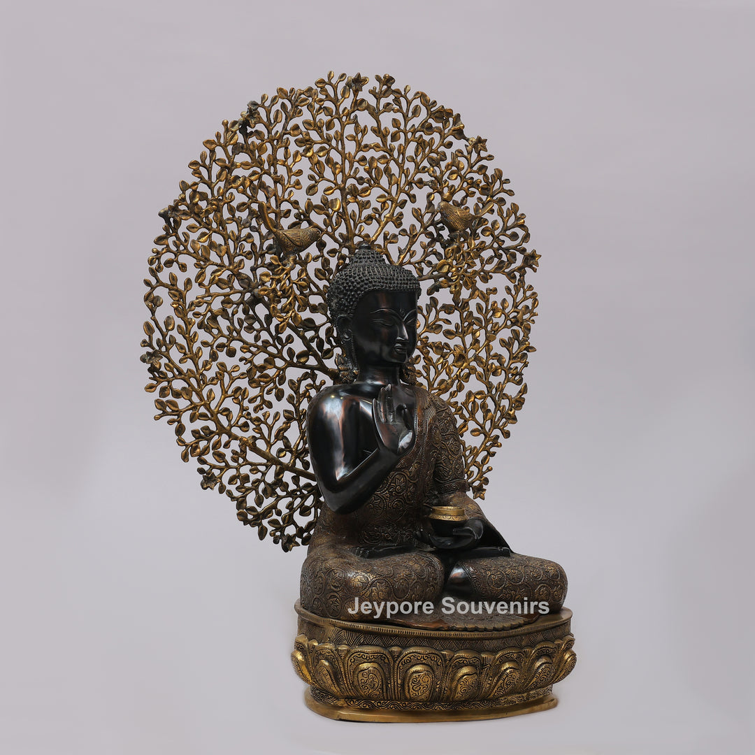 Antique Black Brass Buddha Statue with Bodhi Tree