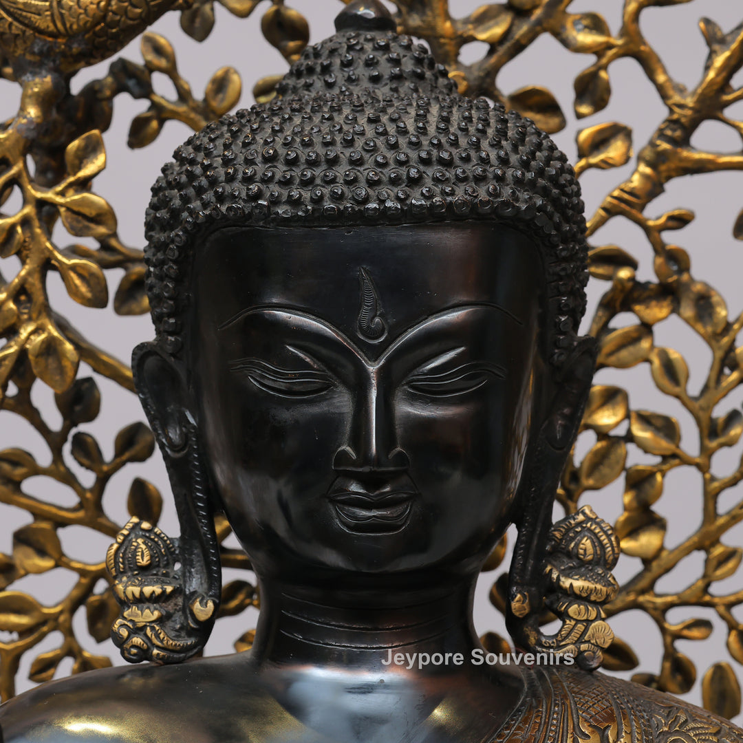 Antique Black Brass Buddha Statue with Bodhi Tree