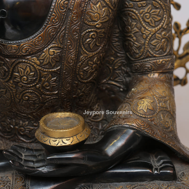 Antique Black Brass Buddha Statue with Bodhi Tree