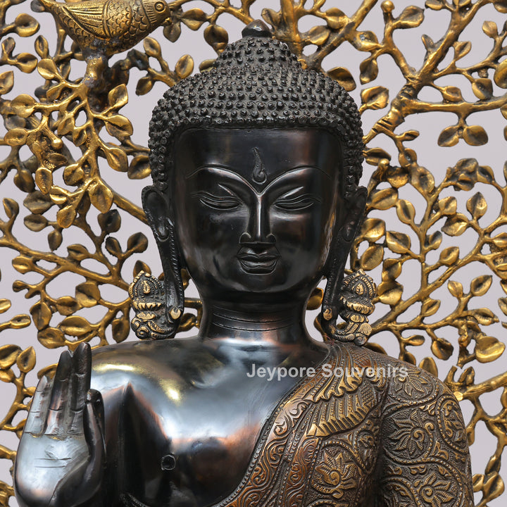 Antique Black Brass Buddha Statue with Bodhi Tree