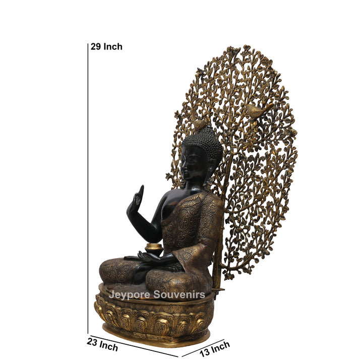 Antique Black Brass Buddha Statue with Bodhi Tree