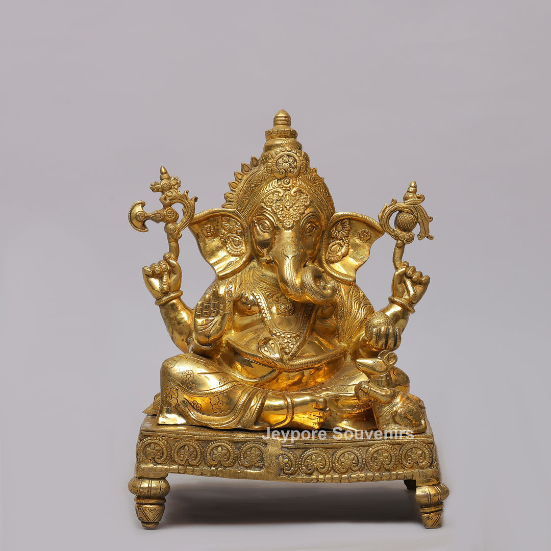 Handcrafted Brass Ganesha Statue on Engraved Chowki