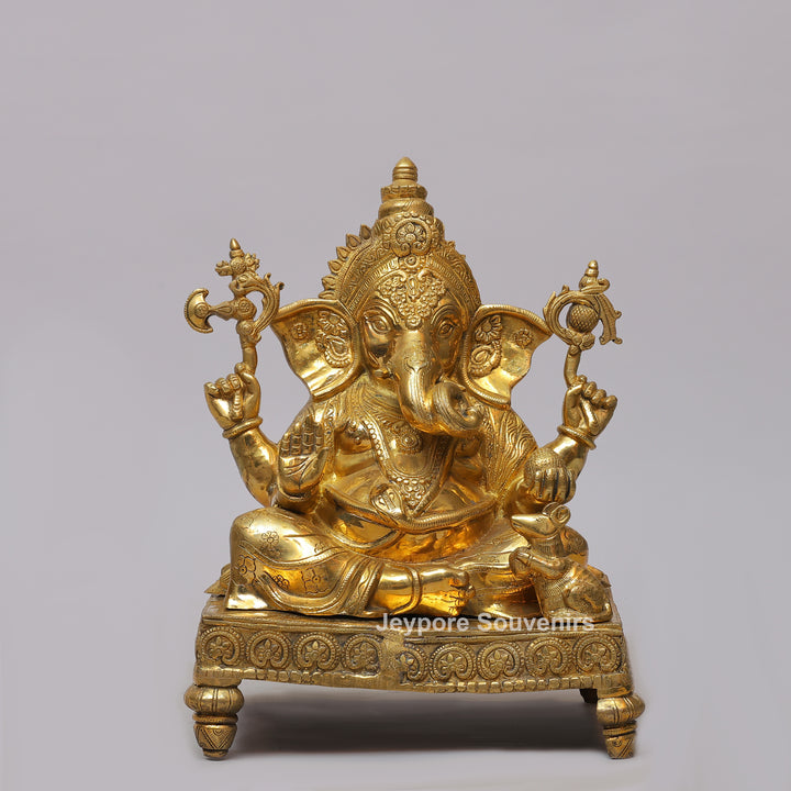 Handcrafted Brass Ganesha Statue on Engraved Chowki