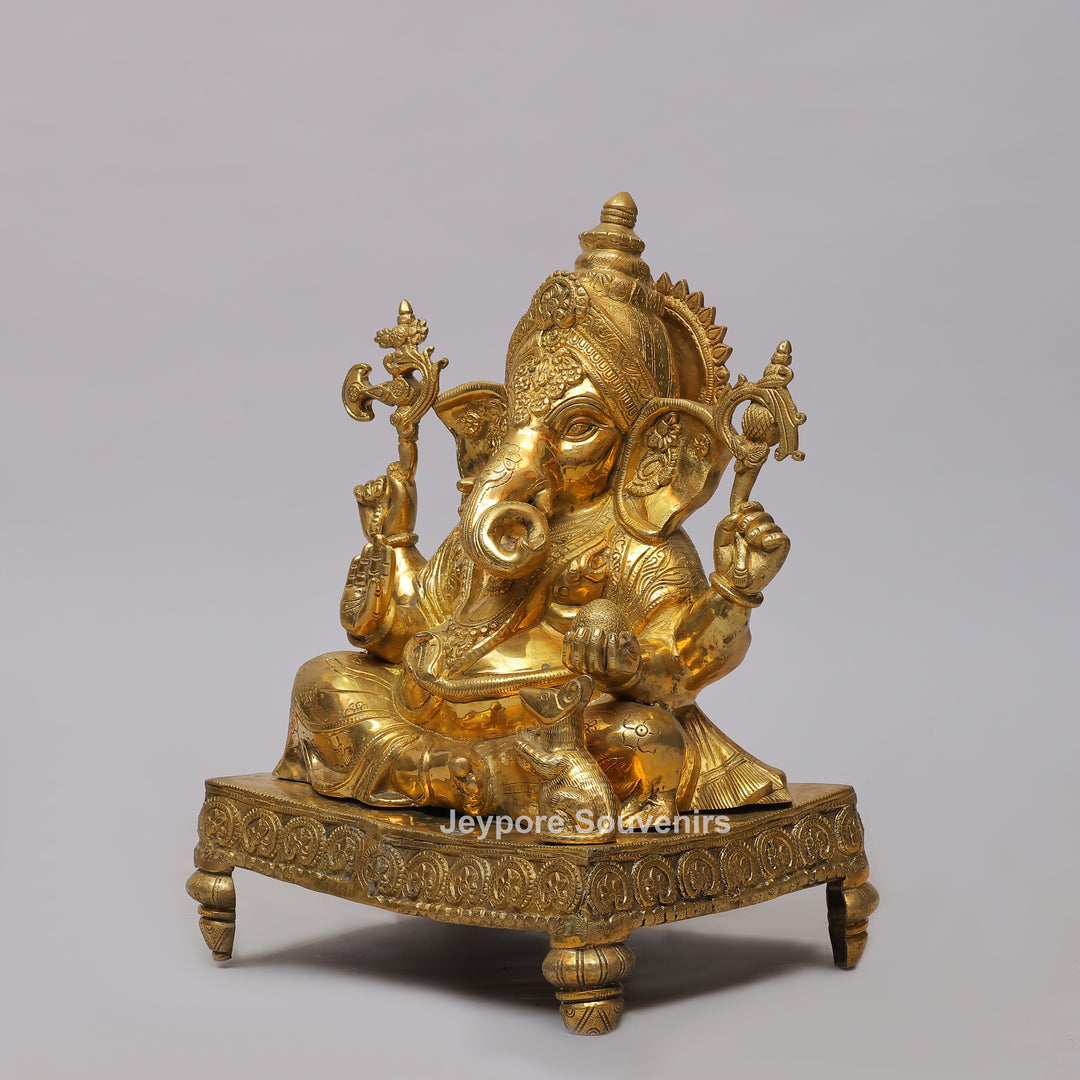 Handcrafted Brass Ganesha Statue on Engraved Chowki