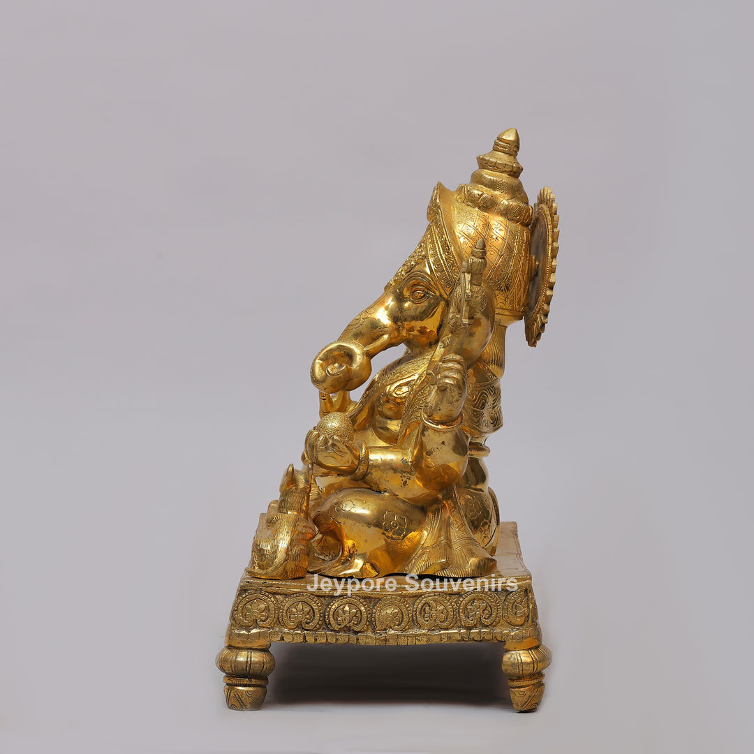 Handcrafted Brass Ganesha Statue on Engraved Chowki
