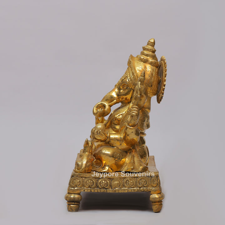 Handcrafted Brass Ganesha Statue on Engraved Chowki