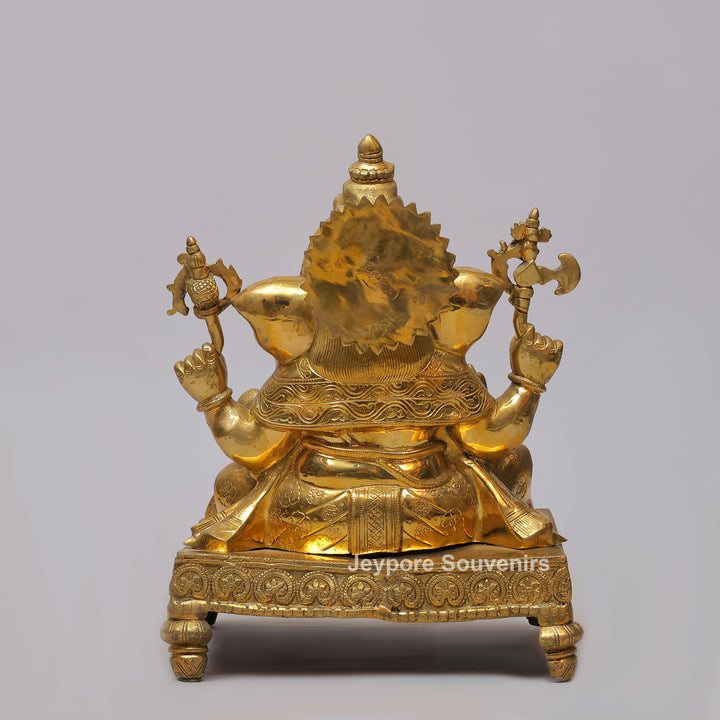 Handcrafted Brass Ganesha Statue on Engraved Chowki