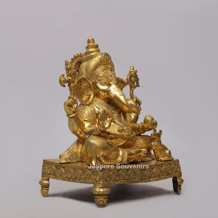 Handcrafted Brass Ganesha Statue on Engraved Chowki