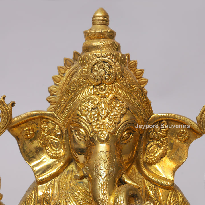 Handcrafted Brass Ganesha Statue on Engraved Chowki
