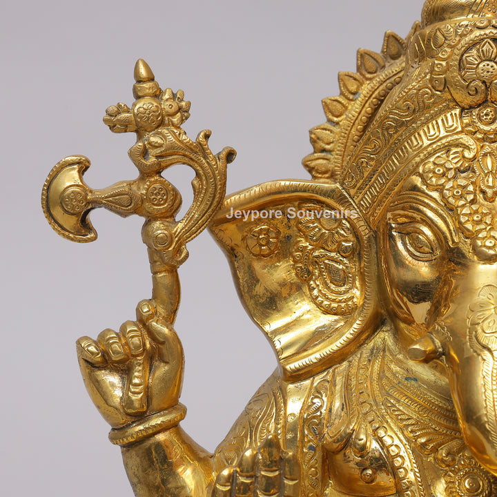 Handcrafted Brass Ganesha Statue on Engraved Chowki