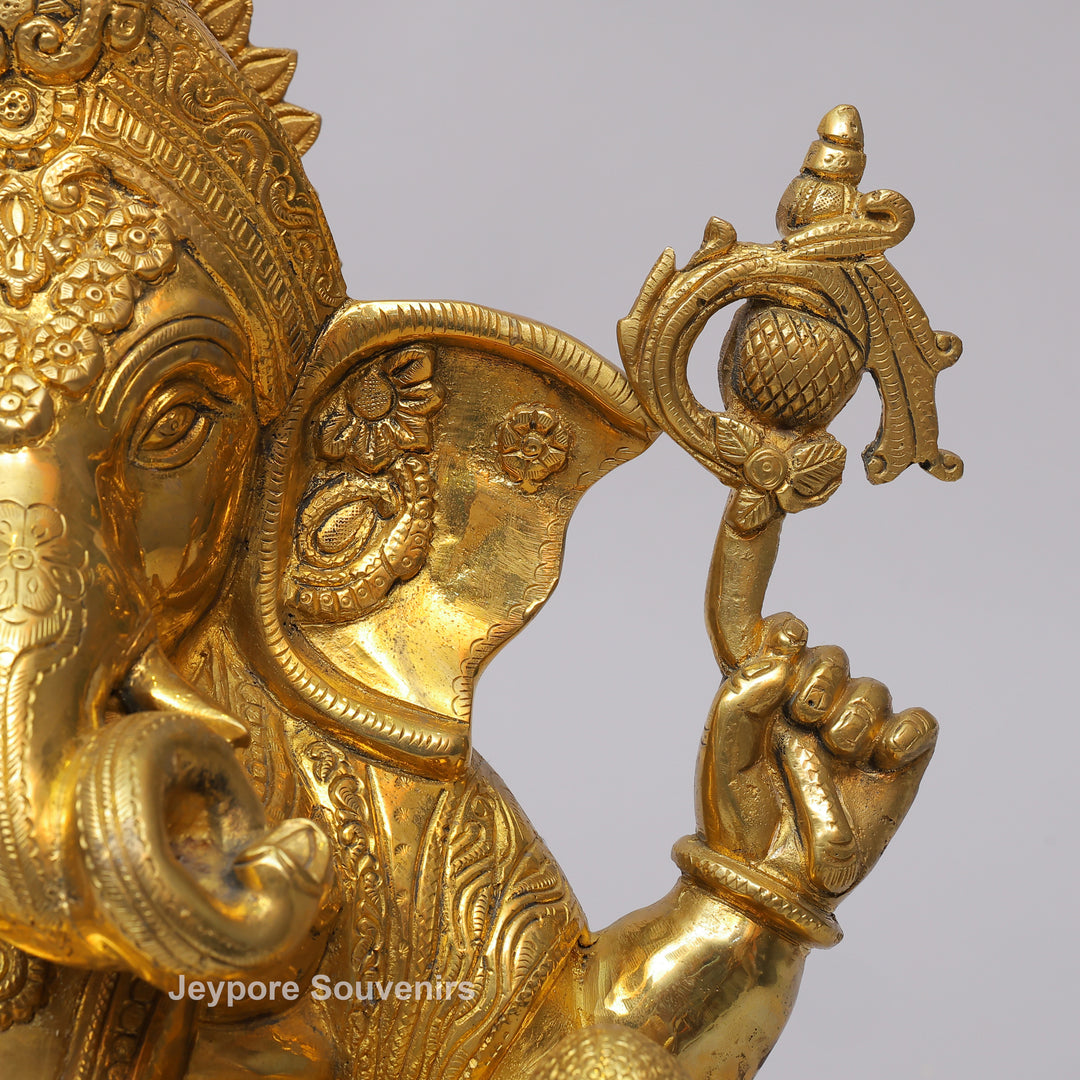 Handcrafted Brass Ganesha Statue on Engraved Chowki