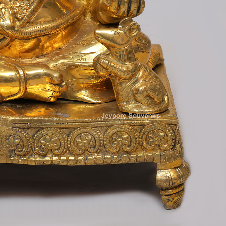 Handcrafted Brass Ganesha Statue on Engraved Chowki