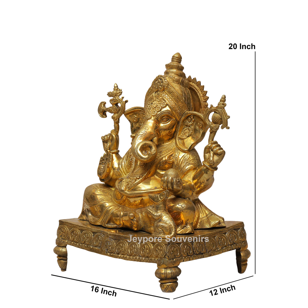 Handcrafted Brass Ganesha Statue on Engraved Chowki